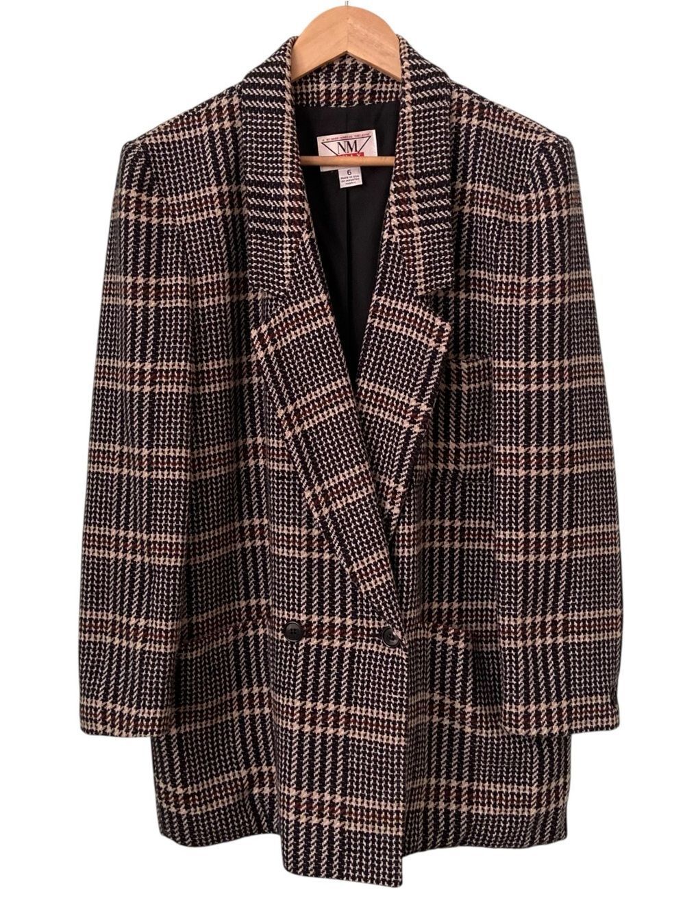 Neiman Marcus Only Plaid Double-Breasted Blazer Jacket Black, Tan, Brown Size 6